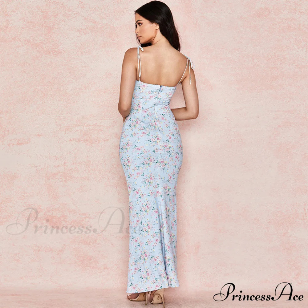 Daisy Printed Cowl Neck Side Slit Sophisticated Ruched Slip Midi Dress - Yellow L / Blue