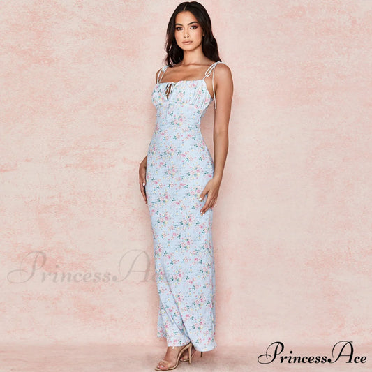 Daisy Printed Cowl Neck Side Slit Sophisticated Ruched Slip Midi Dress - Yellow M / Blue