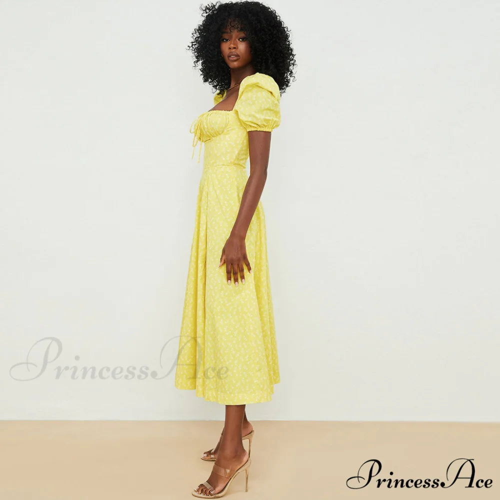 Daisy Printed Floss Strap Tied Classic Bustier Slip Maxi Dress - Blue M / Dark Yellow