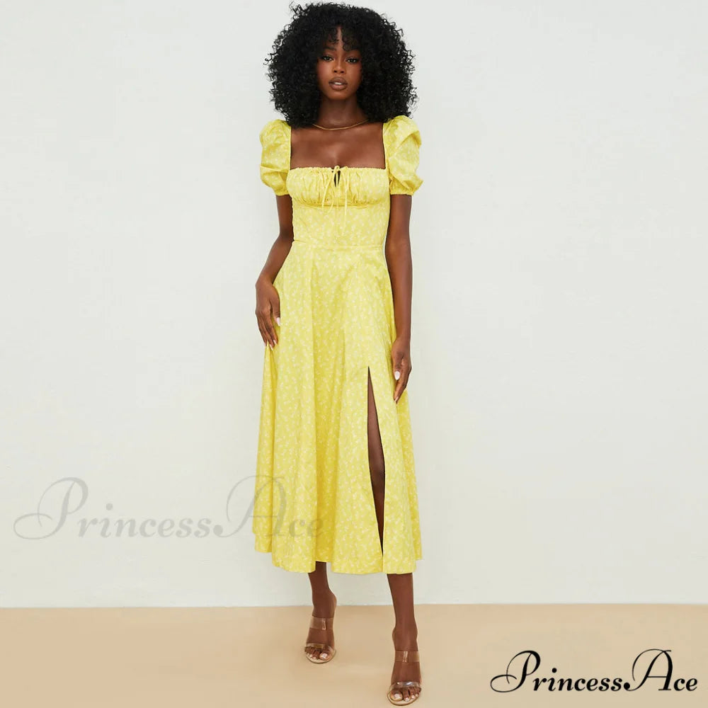 Daisy Printed Floss Strap Tied Classic Bustier Slip Maxi Dress - Blue S / Dark Yellow