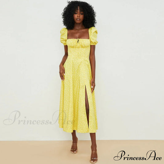 Daisy Printed Floss Strap Tied Classic Bustier Slip Maxi Dress - Blue S / Dark Yellow