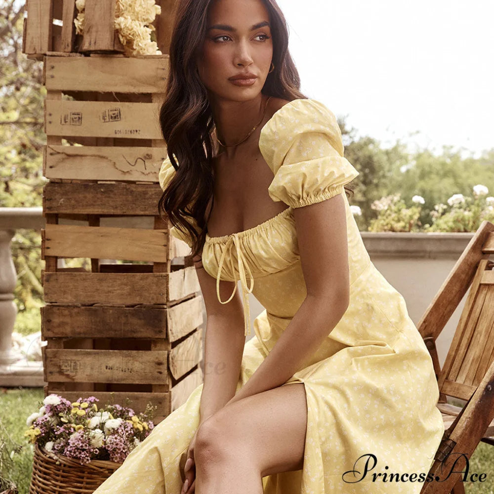 Daisy Printed Floss Strap Tied Classic Bustier Slip Maxi Dress - Blue XL / Dark Yellow