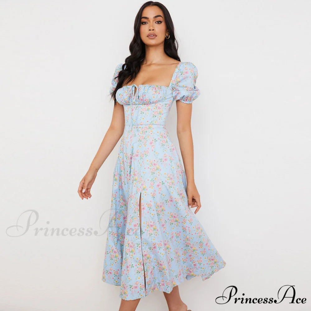 Daisy Printed Puff Sleeve High Classic Slit Smock Maxi Sundress - Green L / Light Blue