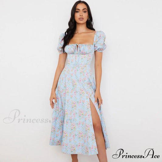 Daisy Printed Puff Sleeve High Classic Slit Smock Maxi Sundress - Green M / Light Blue
