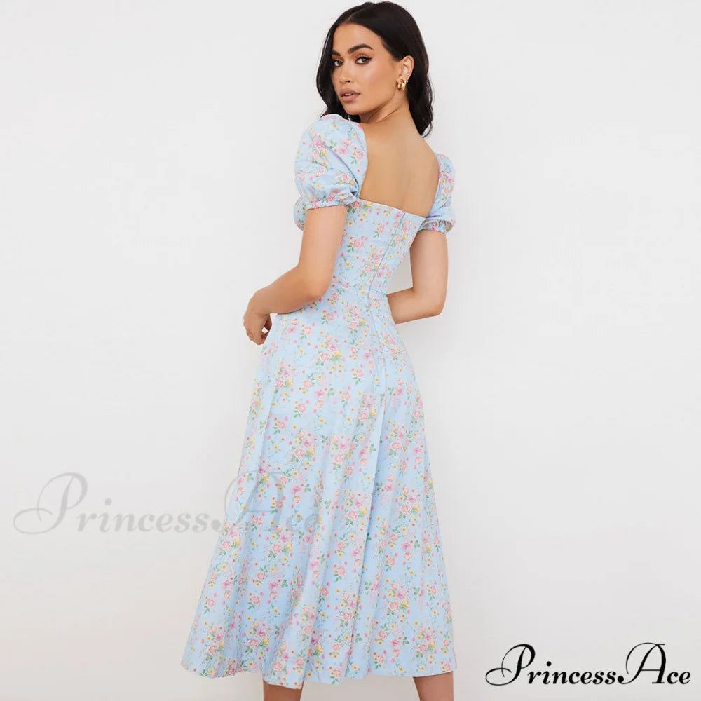 Daisy Printed Puff Sleeve High Classic Slit Smock Maxi Sundress - Green XL / Light Blue
