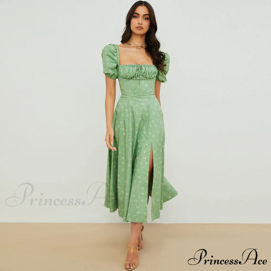 Daisy Printed Puff Sleeve High Classic Slit Smock Maxi Sundress - Pink M / Sage Green