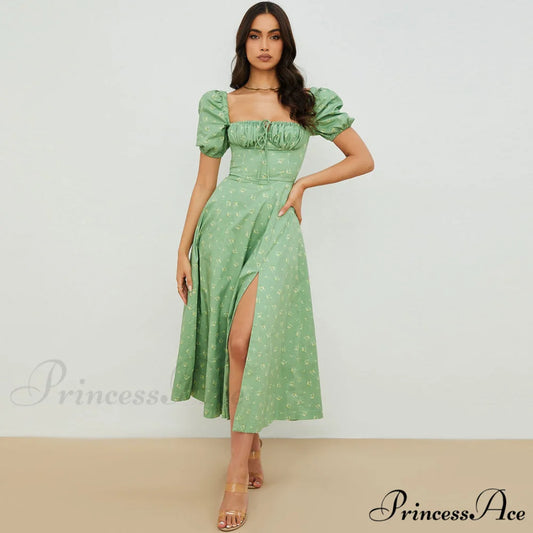 Daisy Printed Puff Sleeve High Classic Slit Smock Maxi Sundress - Pink S / Sage Green