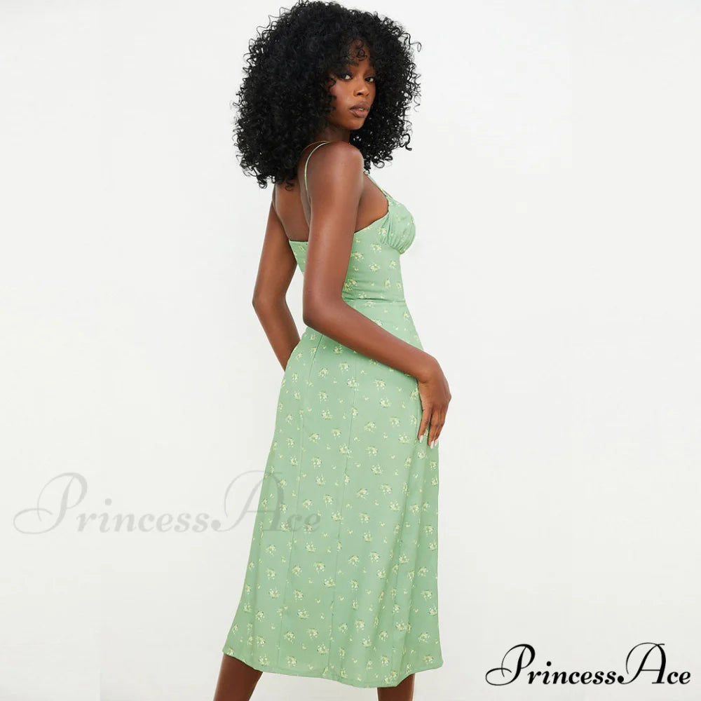 Daisy Printed Puff Sleeve High Classic Slit Smock Maxi Sundress - White L / Light Green
