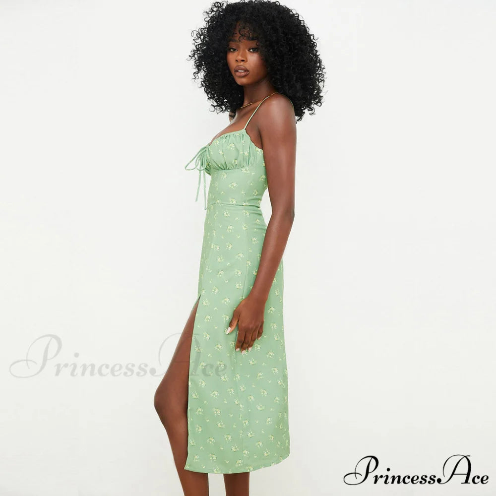 Daisy Printed Puff Sleeve High Classic Slit Smock Maxi Sundress - White M / Light Green