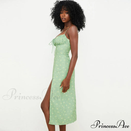 Daisy Printed Puff Sleeve High Classic Slit Smock Maxi Sundress - White M / Light Green