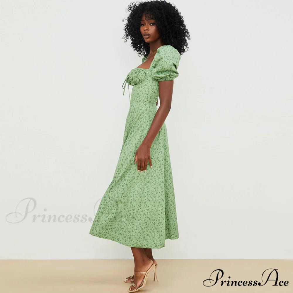 Daisy Printed Puff Sleeve High Slit Sophisticated Smock Maxi Sundress - Dark Yellow L / Green