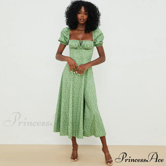 Daisy Printed Puff Sleeve High Slit Sophisticated Smock Maxi Sundress - Dark Yellow M / Green