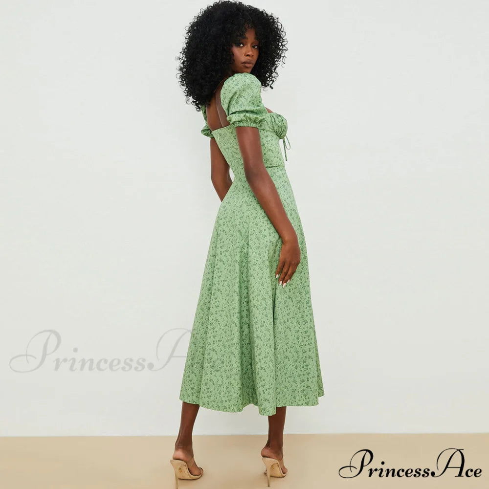 Daisy Printed Puff Sleeve High Slit Sophisticated Smock Maxi Sundress - Dark Yellow XL / Green