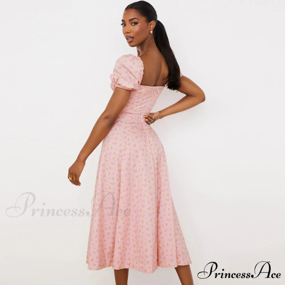 Daisy Printed Puff Sleeve High Slit Sophisticated Smock Maxi Sundress - Light Blue L / Pink