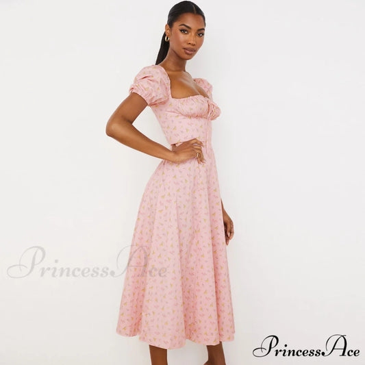 Daisy Printed Puff Sleeve High Slit Sophisticated Smock Maxi Sundress - Light Blue M / Pink