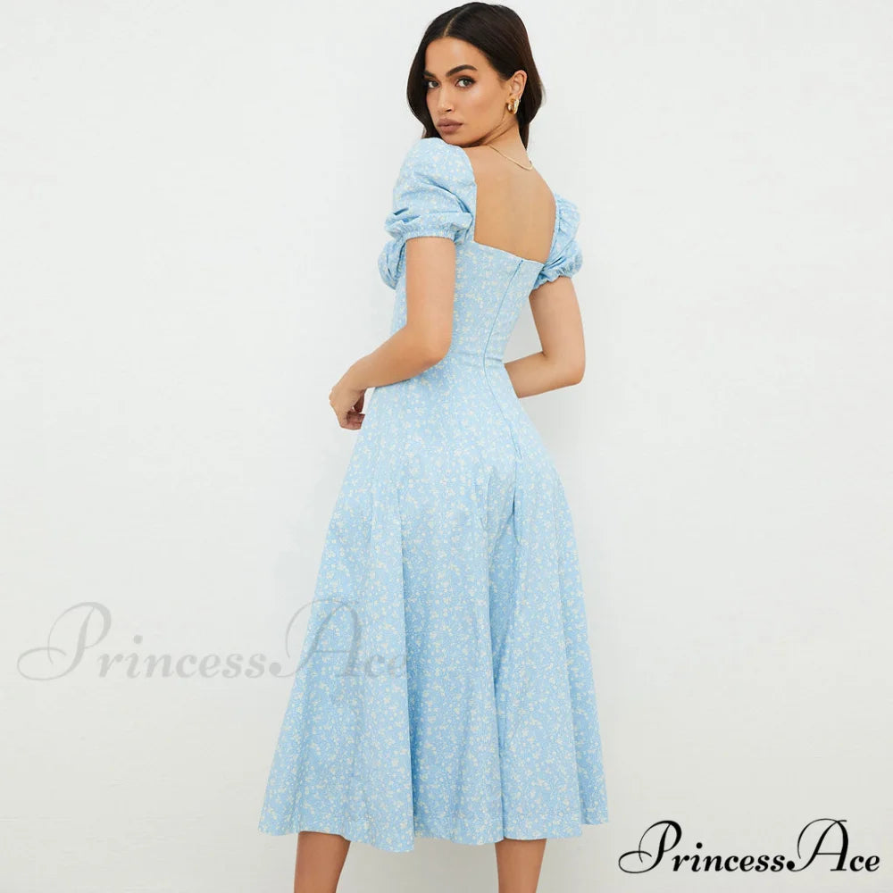 Daisy Printed Puff Sleeve High Slit Sophisticated Smock Maxi Sundress - Sage Green L / Sky Blue