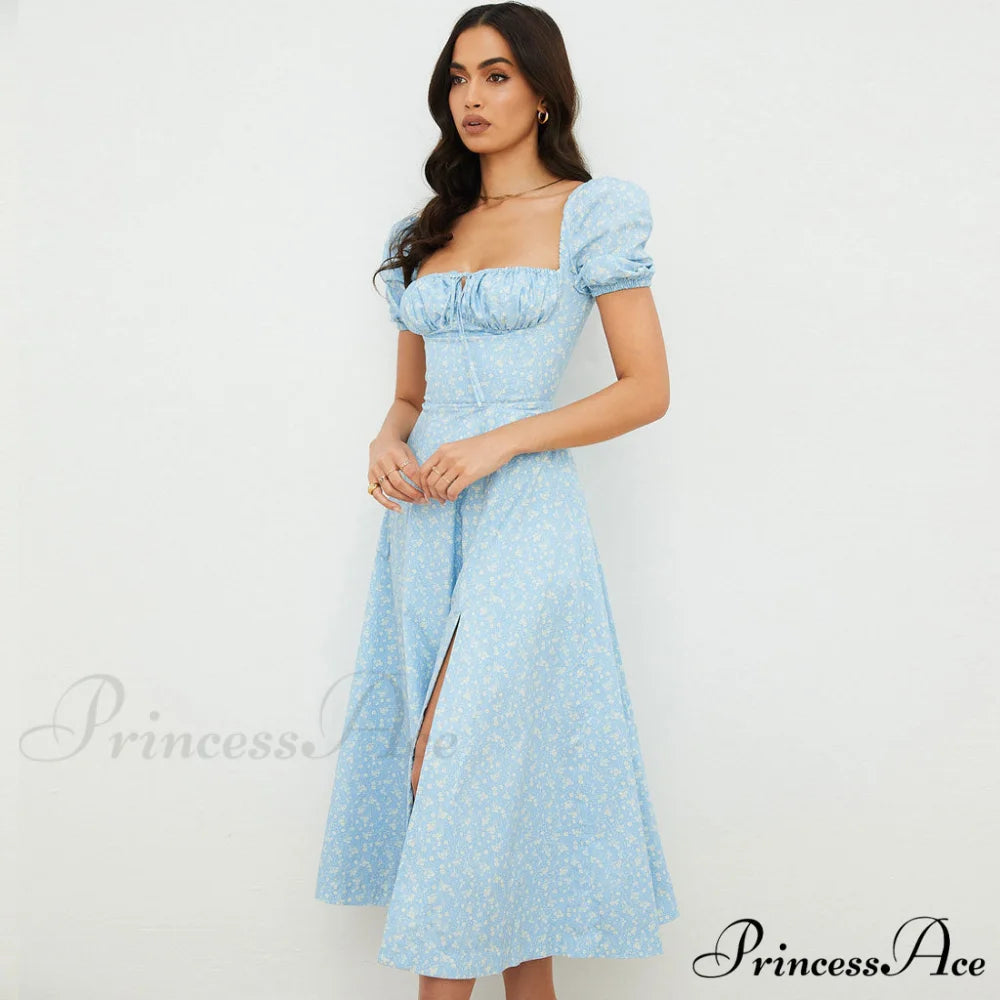 Daisy Printed Puff Sleeve High Slit Sophisticated Smock Maxi Sundress - Sage Green M / Sky Blue