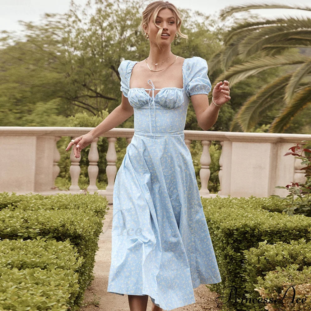 Daisy Printed Puff Sleeve High Slit Sophisticated Smock Maxi Sundress - Sage Green XL / Sky Blue