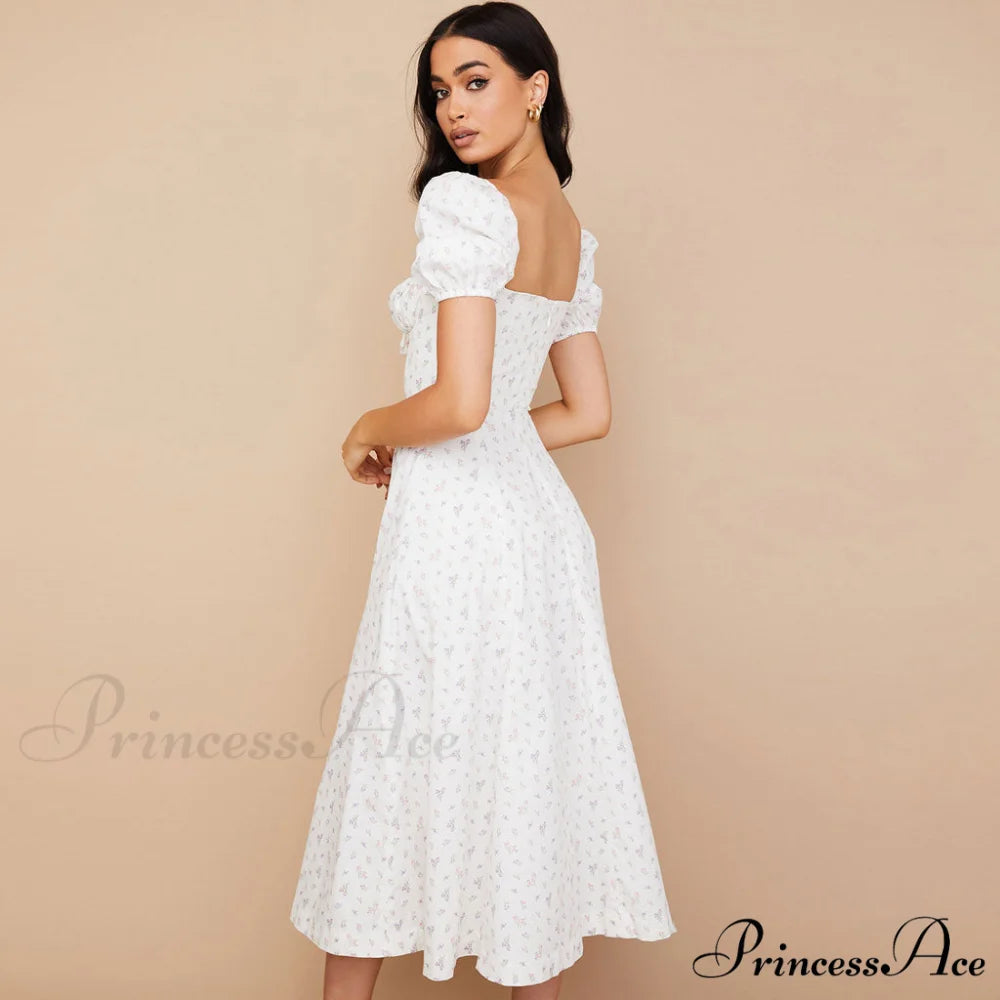 Daisy Printed Puff Sleeve High Slit Sophisticated Smock Maxi Sundress - Sky Blue L / White