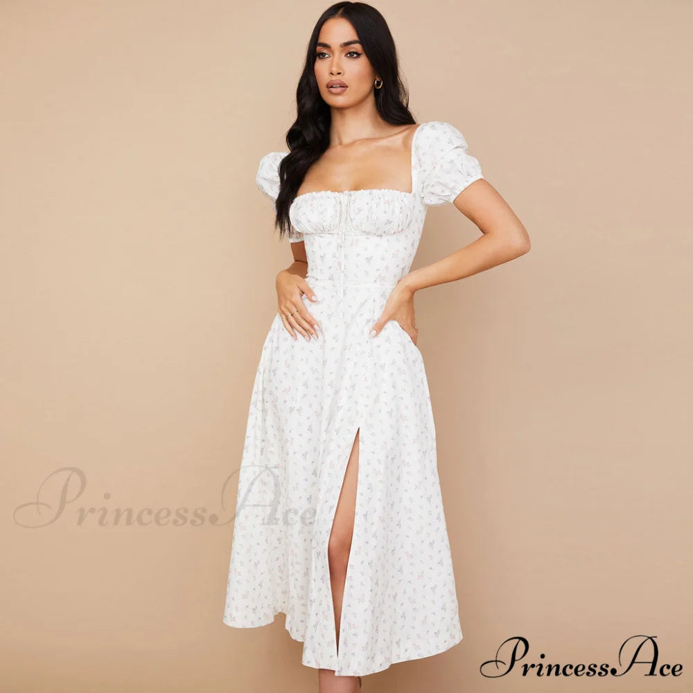 Daisy Printed Puff Sleeve High Slit Sophisticated Smock Maxi Sundress - Sky Blue M / White