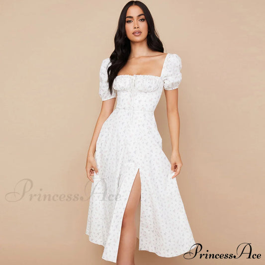 Daisy Printed Puff Sleeve High Slit Sophisticated Smock Maxi Sundress - Sky Blue S / White