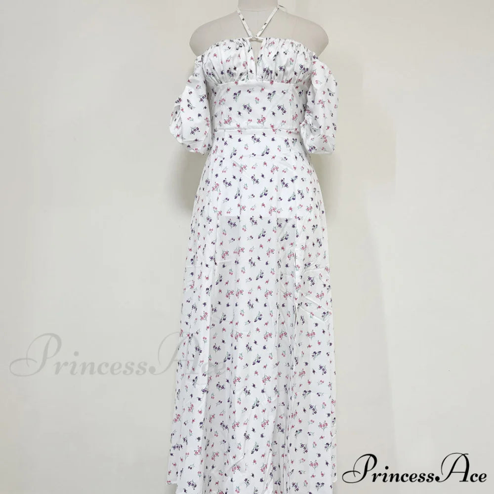 Daisy Printed Puff Sleeve High Slit Sophisticated Smock Maxi Sundress - Sky Blue XL / White