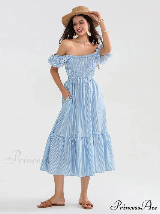 Daisy Speck Print Shirred Square Neck Frilled Flowing Seaside Daisy Dress Blue / S floraldress-250126