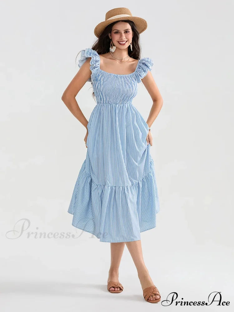 Daisy Speck Print Shirred Square Neck Frilled Flowing Seaside Daisy Dress floraldress-250126