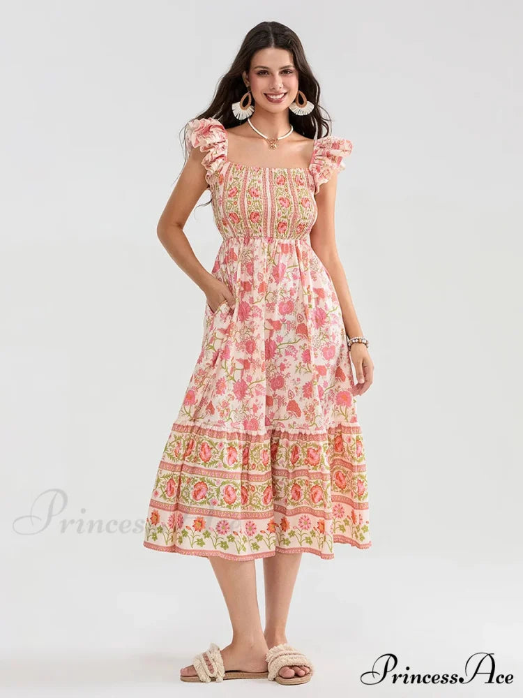 Daisy Speck Print Shirred Square Neck Frilled Flowing Seaside Daisy Dress floraldress-250126