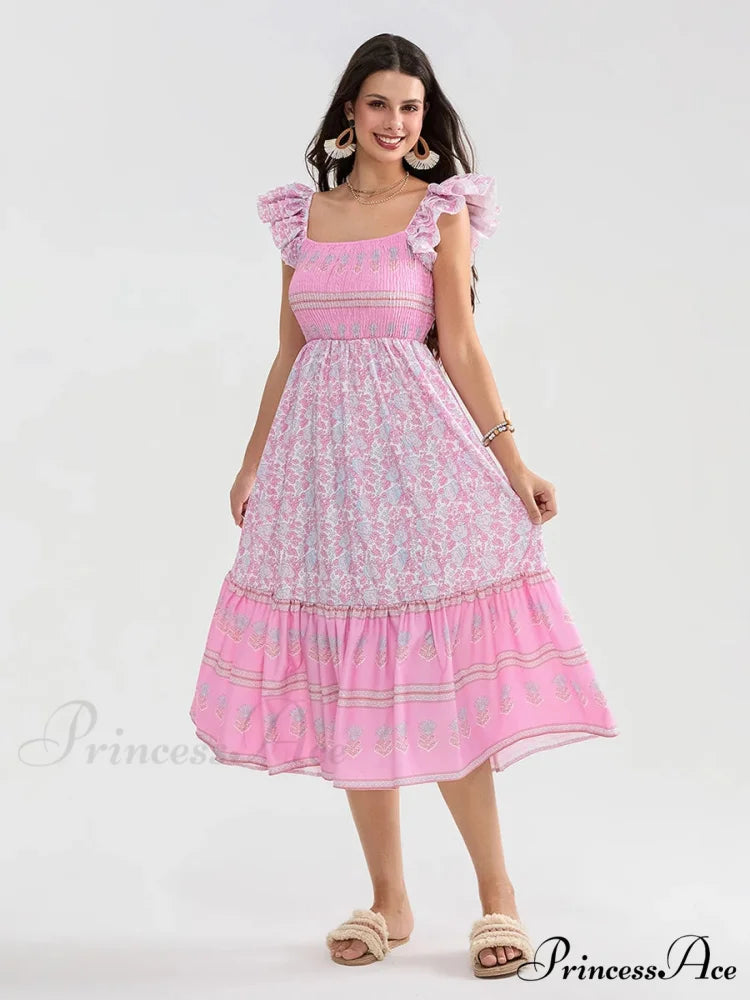 Daisy Speck Print Shirred Square Neck Frilled Flowing Seaside Daisy Dress floraldress-250126