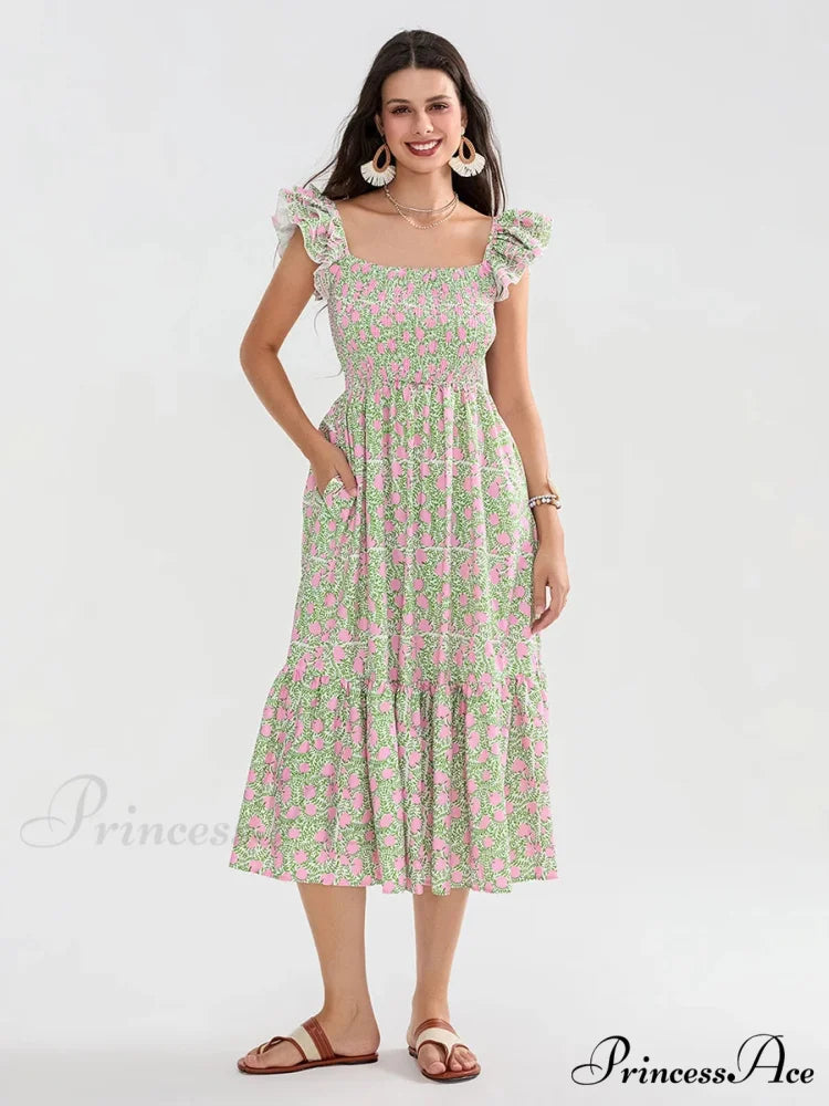 Daisy Speck Print Shirred Square Neck Frilled Flowing Seaside Daisy Dress floraldress-250126
