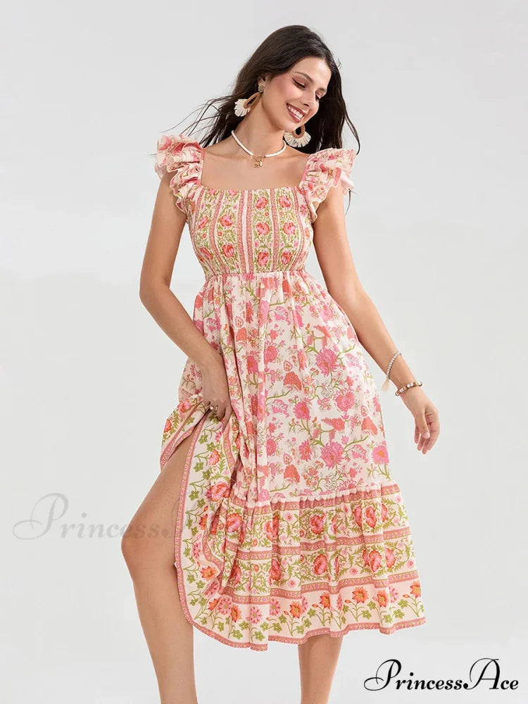 Daisy Speck Print Shirred Square Neck Frilled Flowing Seaside Daisy Dress Orange / S floraldress-250126