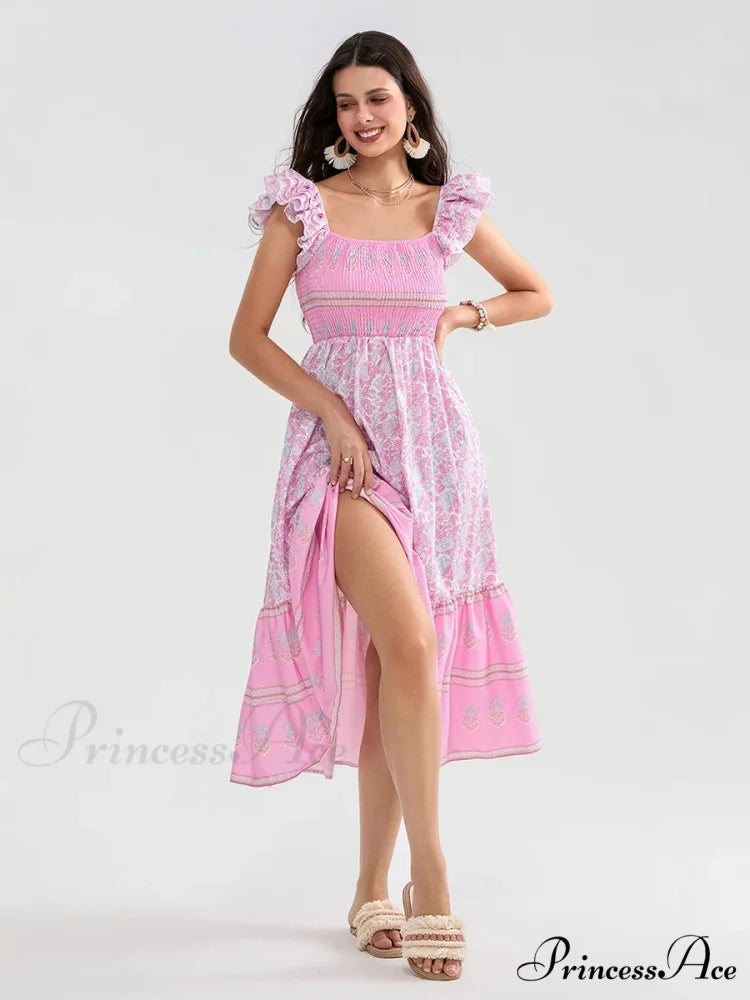 Daisy Speck Print Shirred Square Neck Frilled Flowing Seaside Daisy Dress Pink / S floraldress-250126