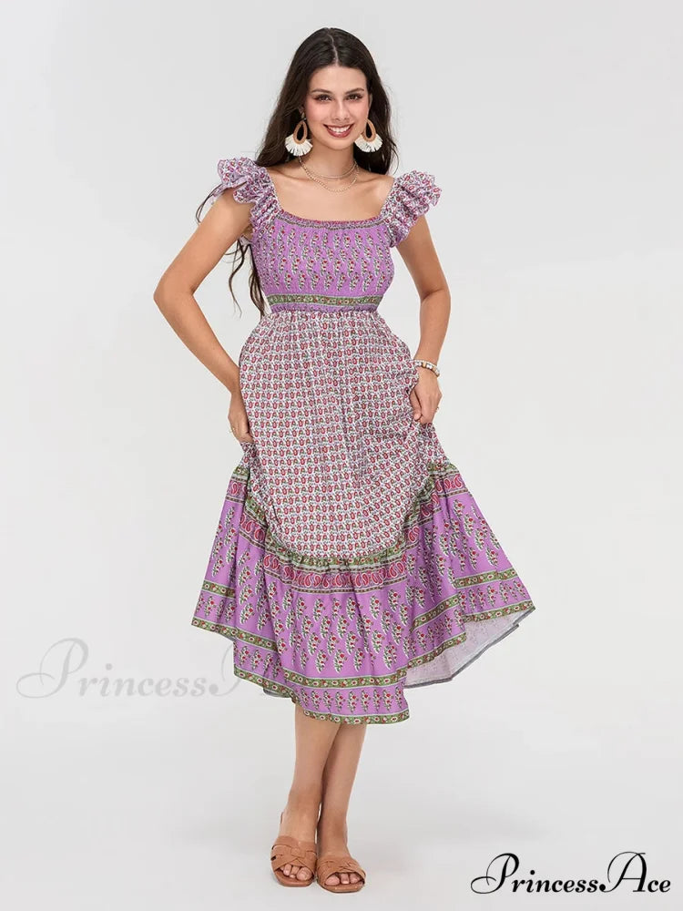 Daisy Speck Print Shirred Square Neck Frilled Flowing Seaside Daisy Dress PURPLE / S floraldress-250126