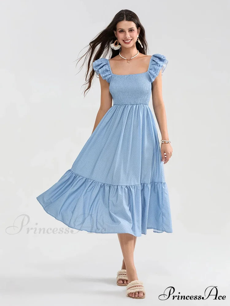 Daisy Speck Print Shirred Square Neck Frilled Flowing Seaside Daisy Dress SKY BLUE / S floraldress-250126