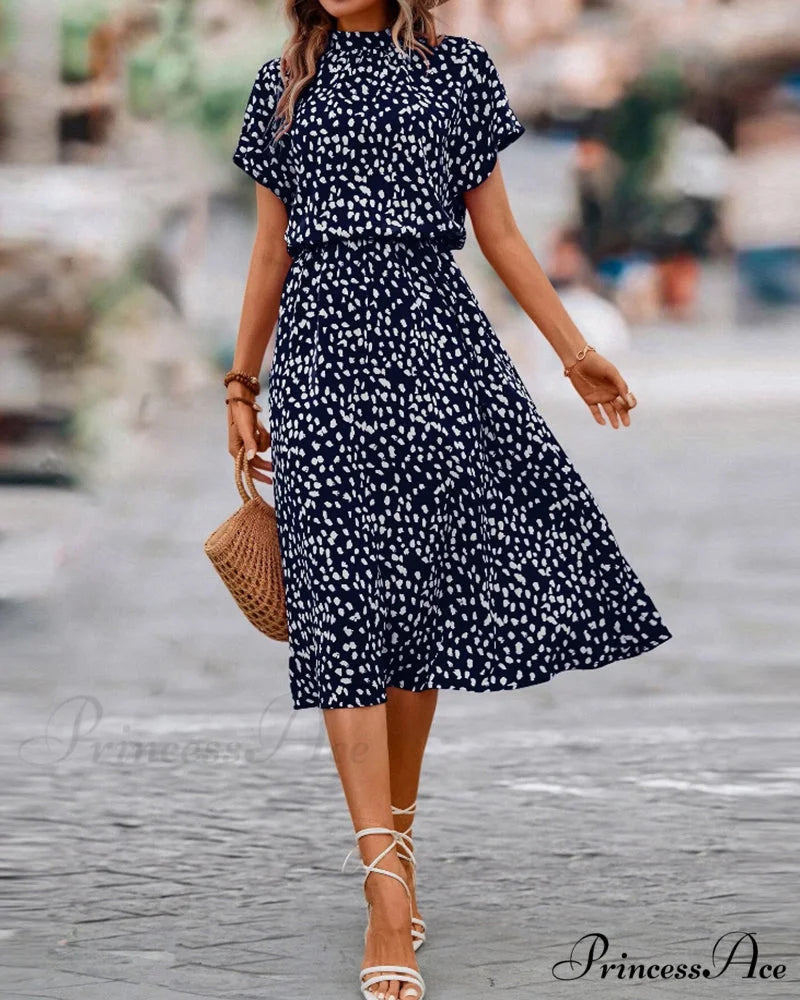 Dalmatian Print Dress with Short Sleeves Navy Blue / S