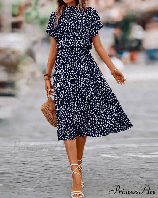 Dalmatian Print Dress with Short Sleeves Navy Blue / S