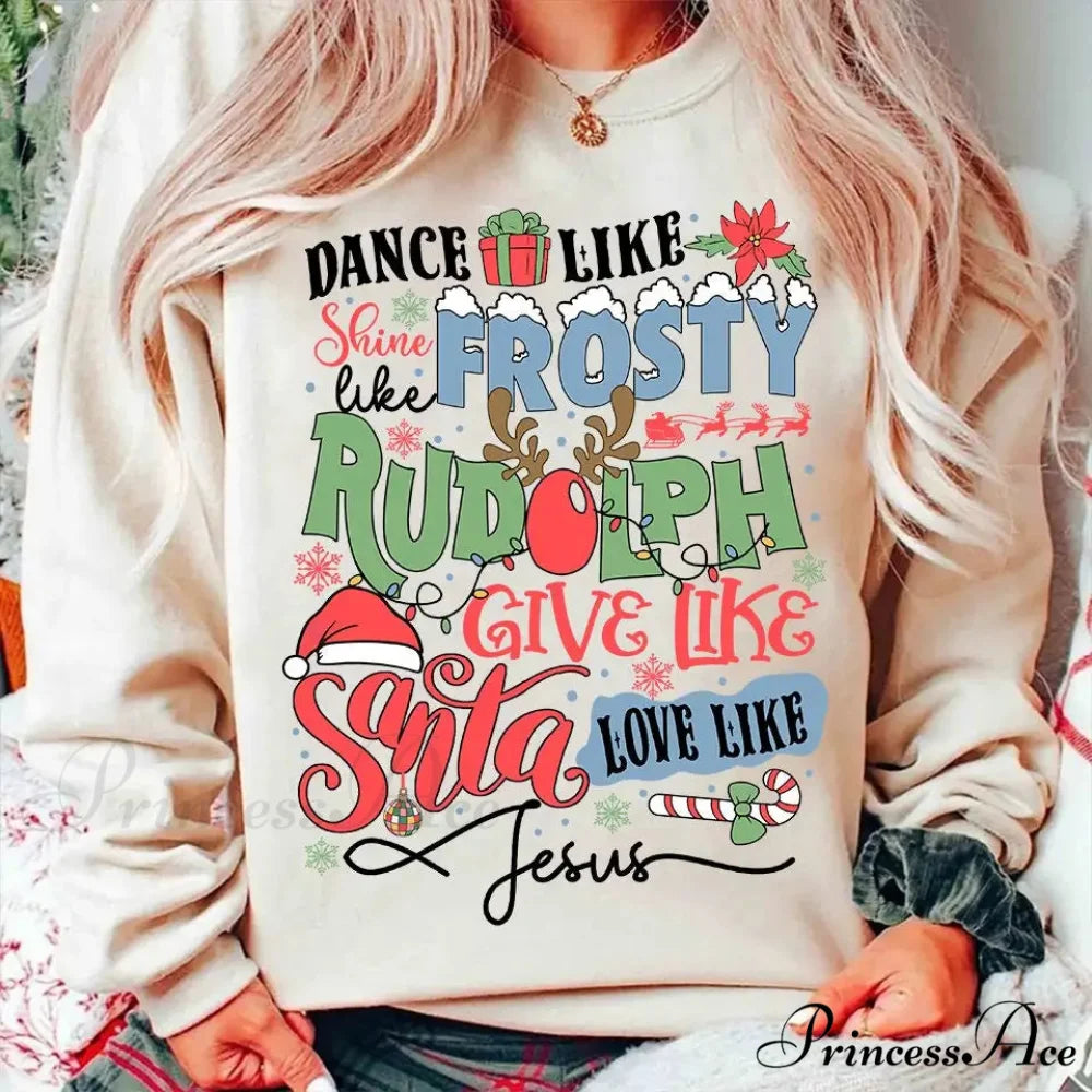 Dance Frosty Shine Rudolph Give Santa Love Jesus Slogan Retro Christmas Hoodie WHITE / S Christmas Hoodies-L