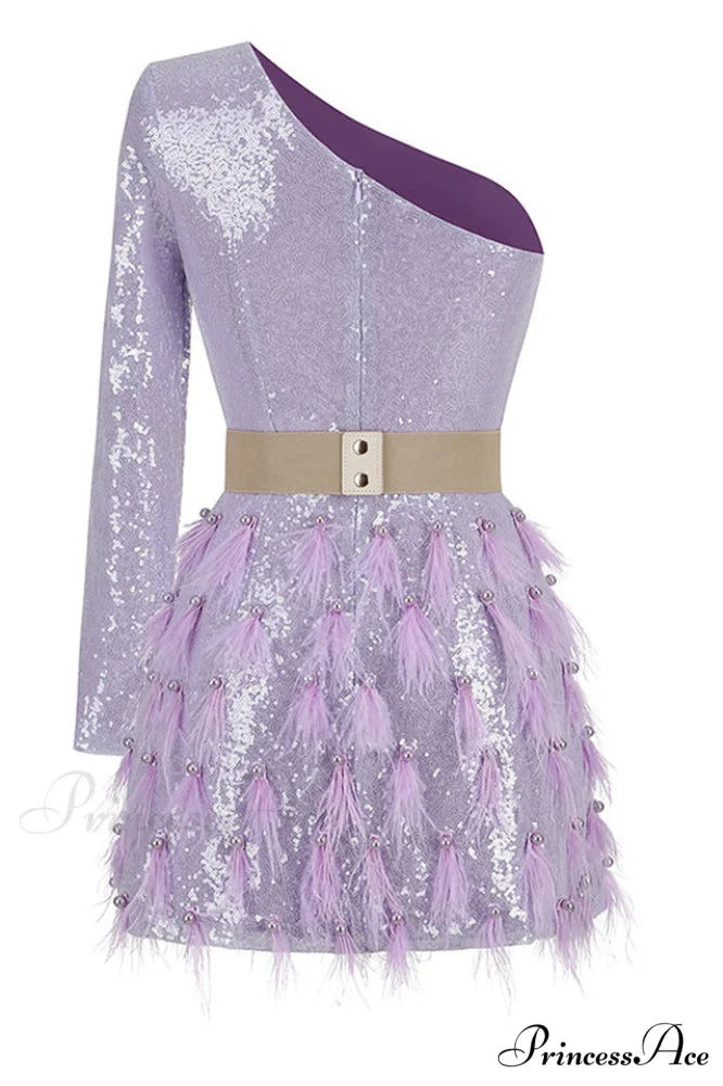 Daria One Shoulder Charming Sequin Feather Dress