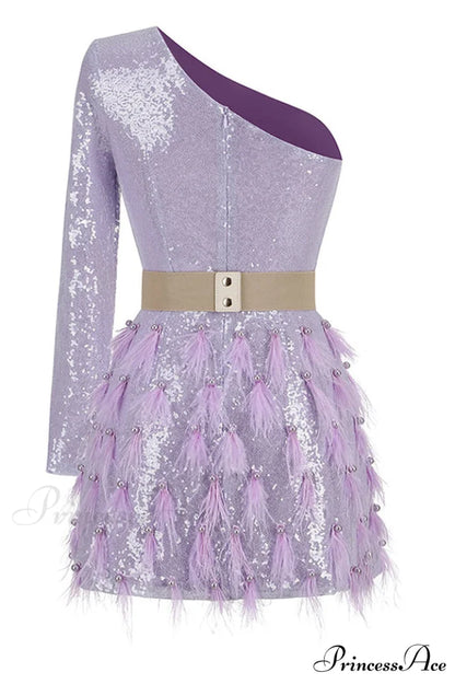 Daria One Shoulder Charming Sequin Feather Dress