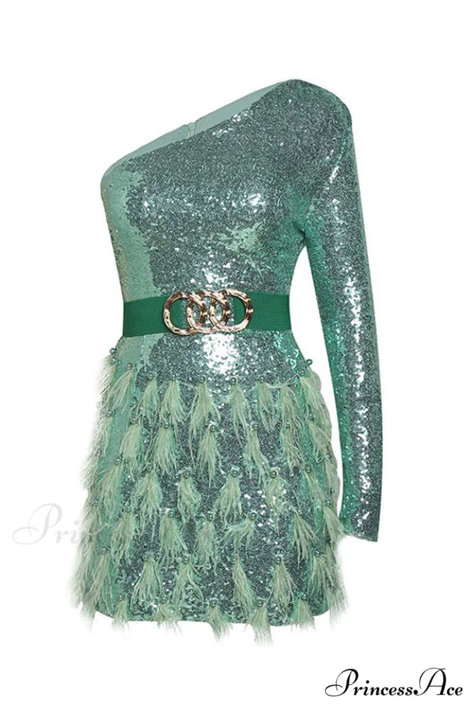 Daria One Shoulder Charming Sequin Feather Dress S / Green