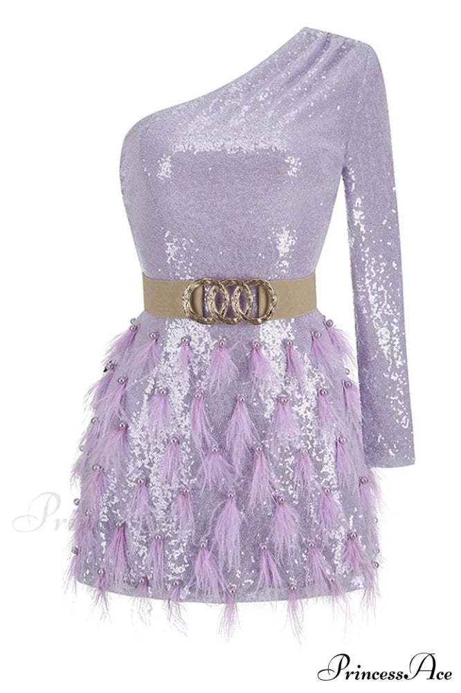 Daria One Shoulder Charming Sequin Feather Dress S / Lilac