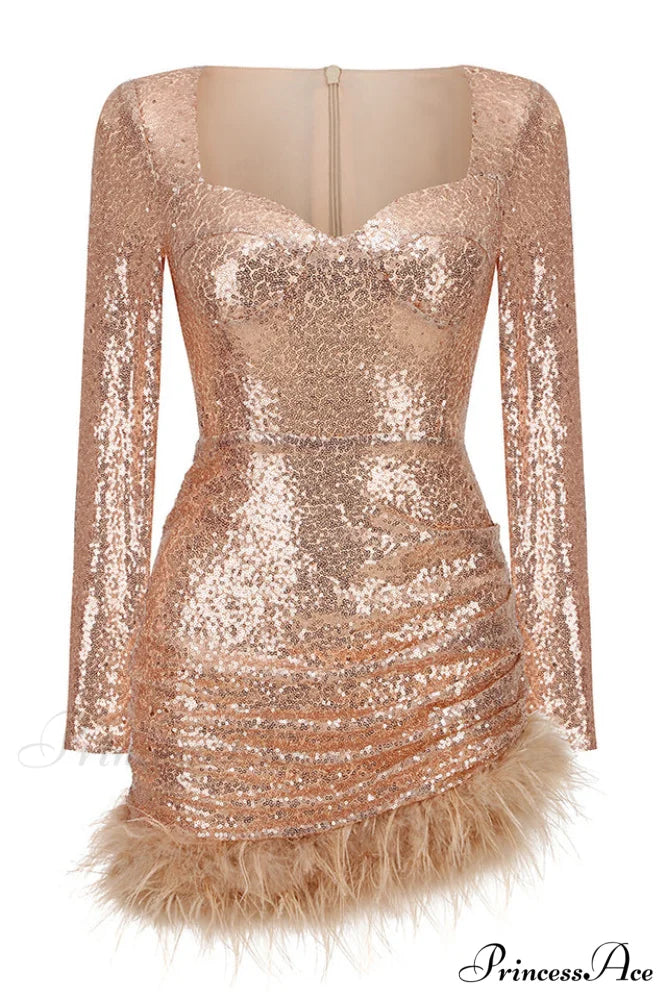 Daria Sequin Stylish Feather Mini Dress XS / Champagne