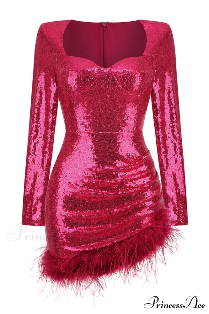 Daria Sequin Stylish Feather Mini Dress XS / Pink