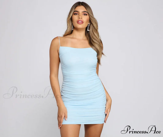 Daring Beauty Stylish Ruched Mini Dress LIGHT BLUE / XS