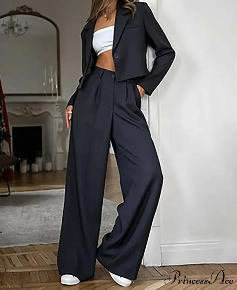 Dark Azure Single Button Blazer Workplace Two Piece Set black blue / S officetwopieceset-250223