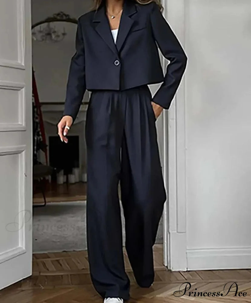 Dark Azure Single Button Blazer Workplace Two Piece Set officetwopieceset-250223