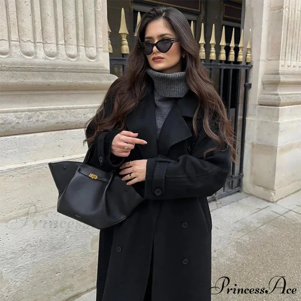 Dark Baggy Collar Dual-Buttoned Overcoat Black long coat / S overcoats-241228