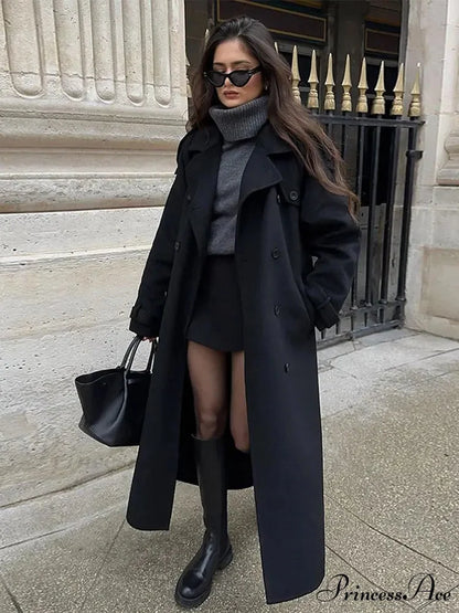 Dark Belted Woolen Overcoat Black / S coats-241228