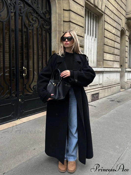 Dark Belted Woolen Overcoat coats-241228